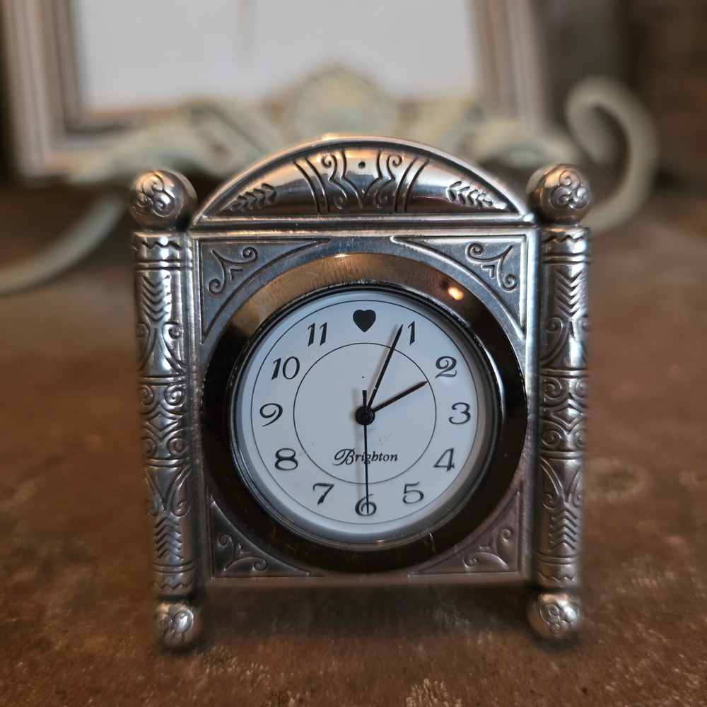 Brighton Silver Tone Miniature Desk Clock Heart Scroll Ornate Travel Vanity